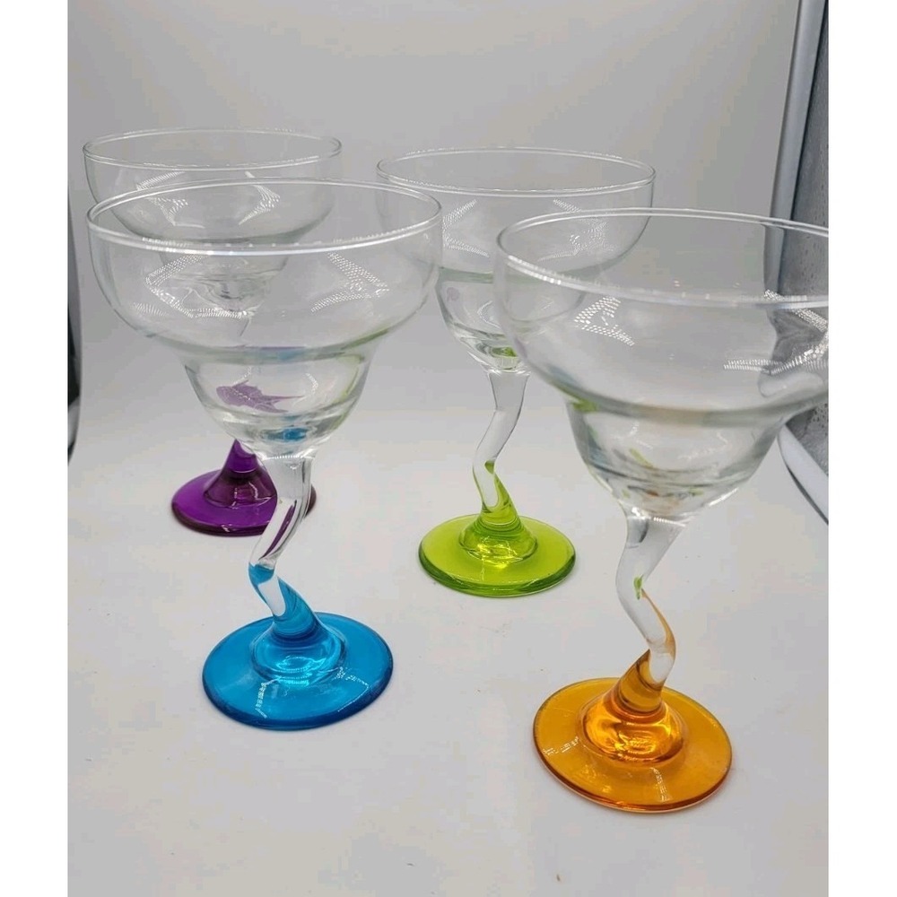 4 Vtg Libbey "Z Stem" Color Margarita  Glasses Crooked Zig Zag wavy Barware